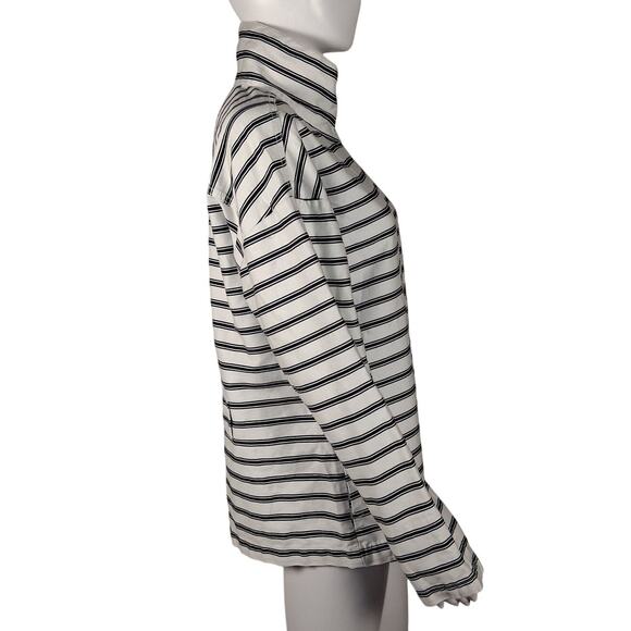 Liz Claiborne Size M Mockneck Zip Up Horizontal Striped Navy Blue White Pockets - Picture 2 of 9